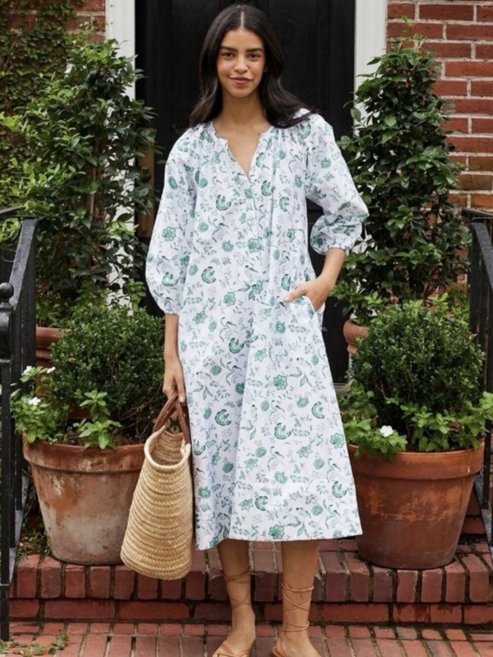 LAKE Brunch Dress Meadow Vines Green Floral Cotton Midi Maxi XL